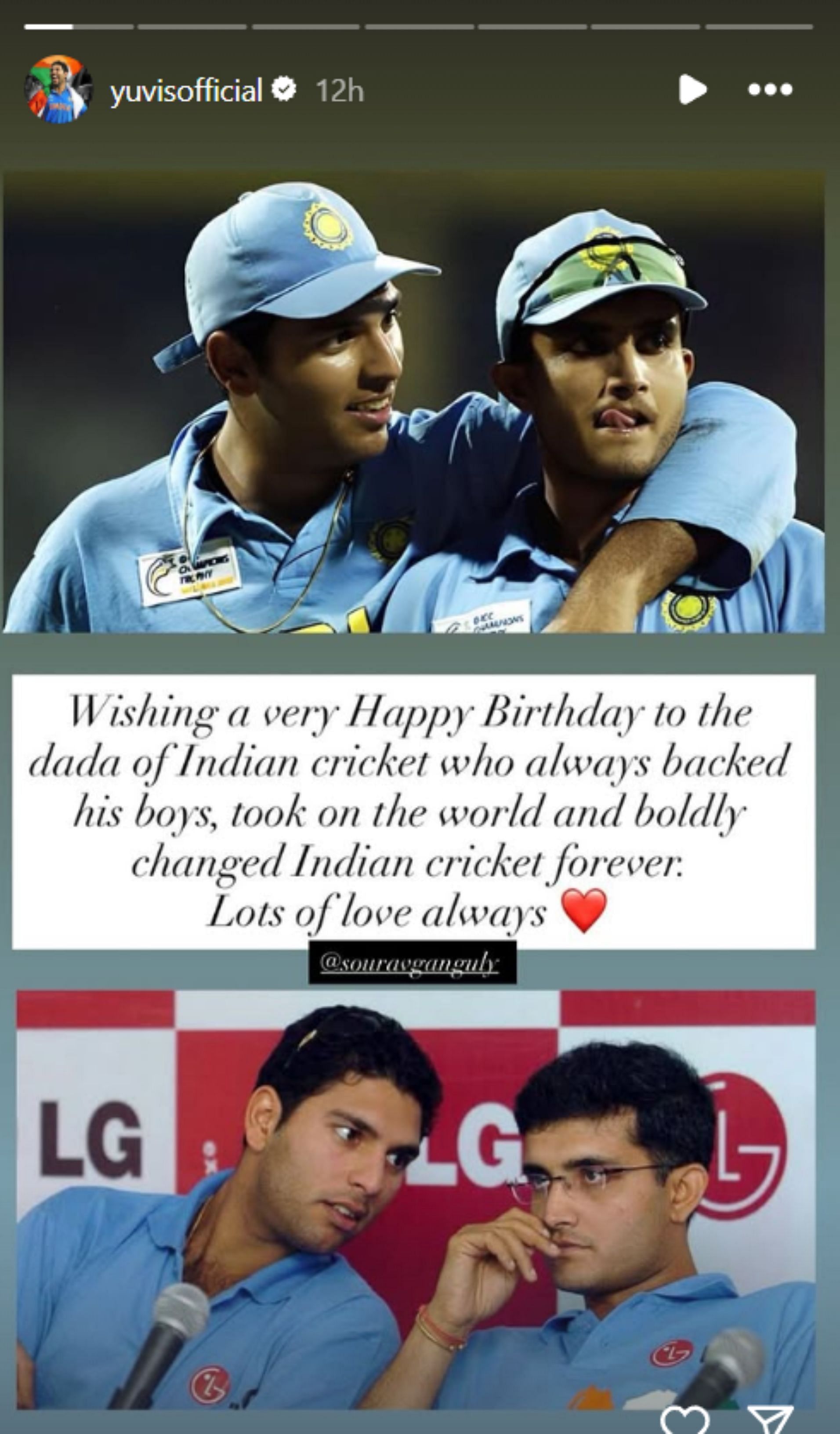 Yuvraj Singh's birthday wish to Ganguly on Instagram. (Image: Yuvraj Singh/Instagram)